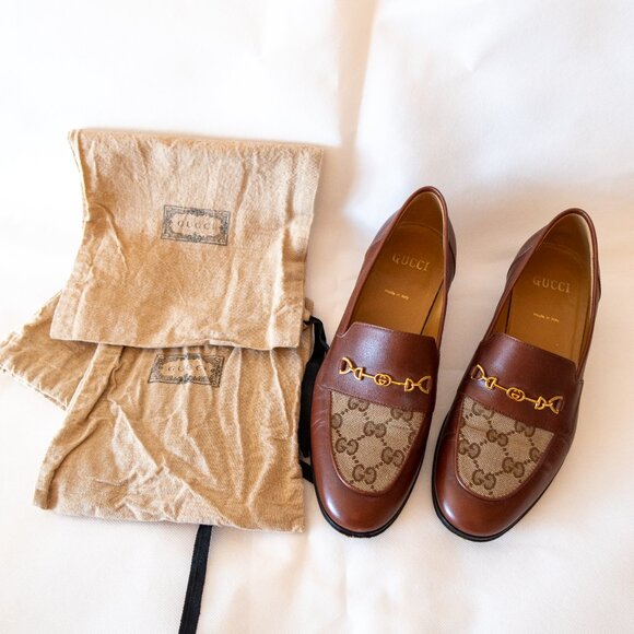 Gucci Leather & GG Logo Canvas Heeled 100 Loafers (IT/EU 38, US 7.5 - 8) - Picture 2 of 16